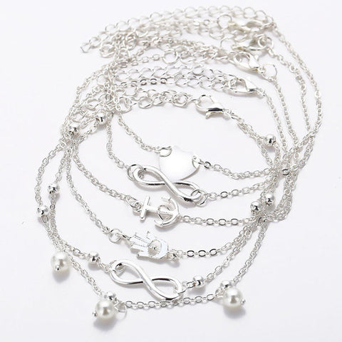 Pearl Heart Silver Set Anklet